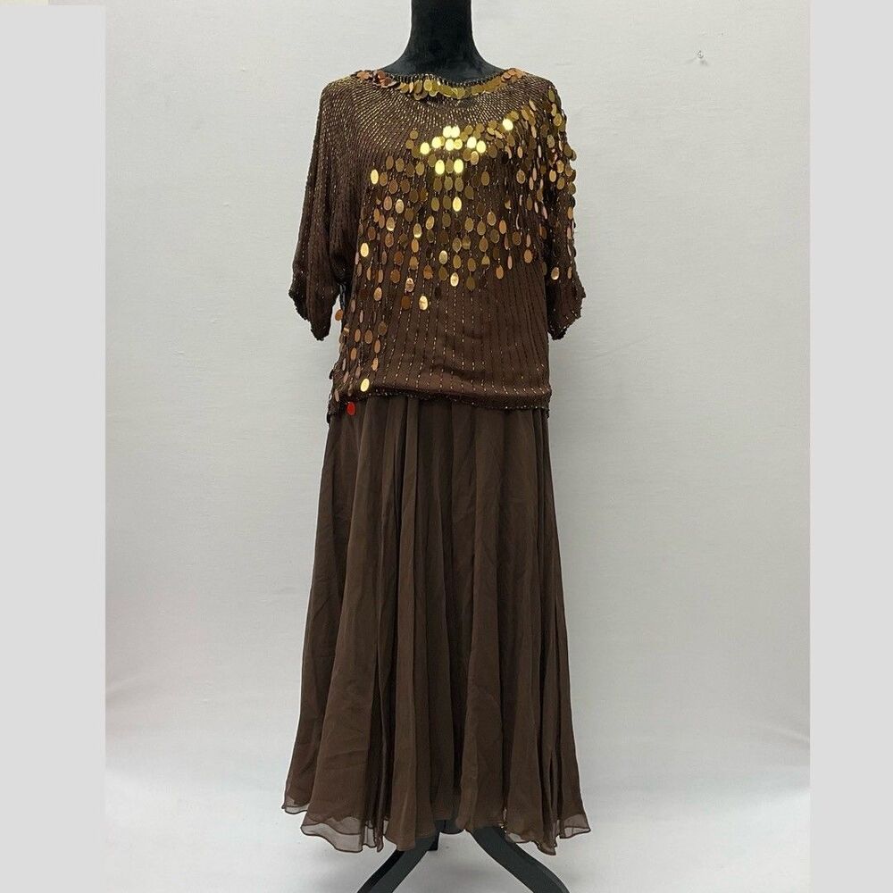Oleg Cassini Gold Brown Sequin Silk 2pc Skirt Top Set Neiman-Marcus SZ L Classy